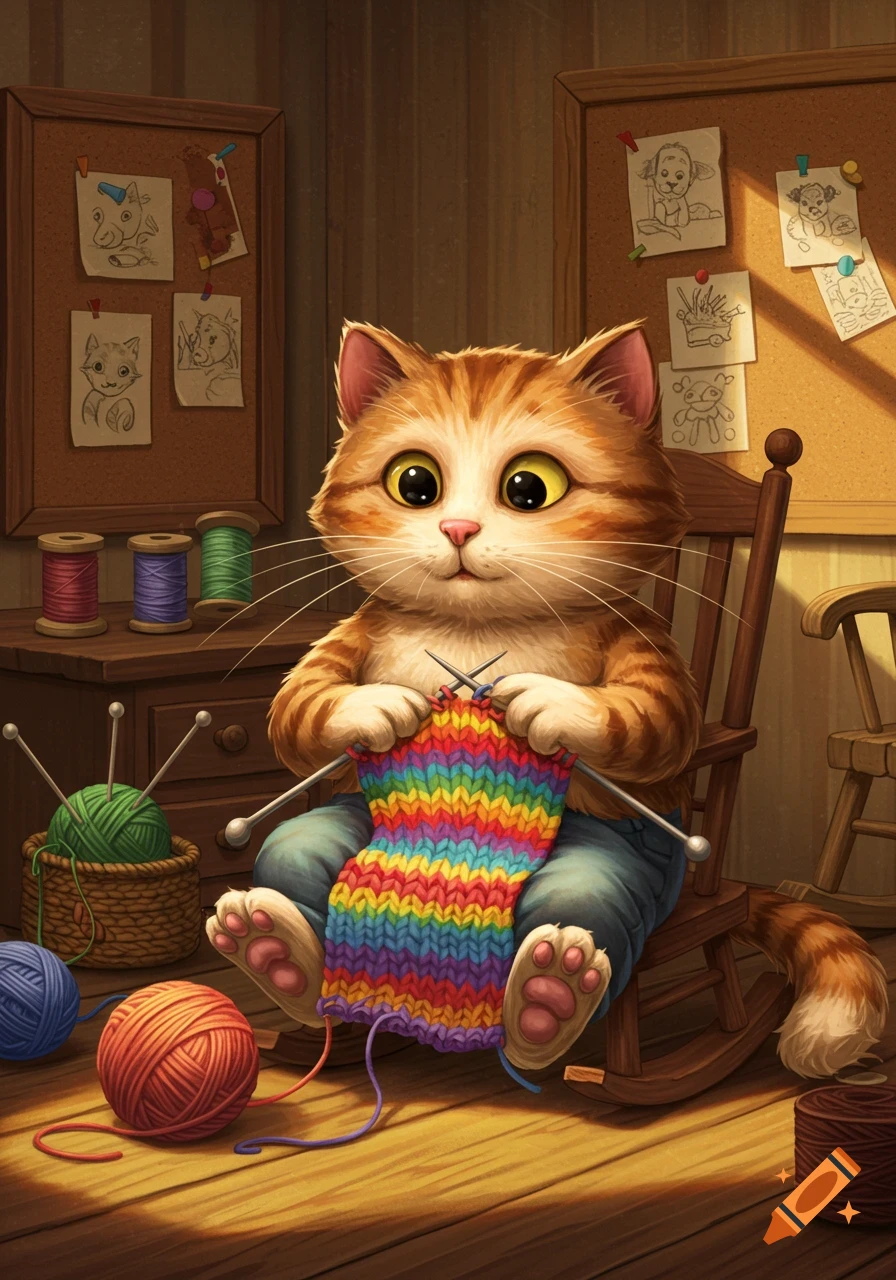 A cute cartoon ginger cat sits in a rocking chair, knitting a rainbow-striped scarf. Yarn and spools are scattered around.