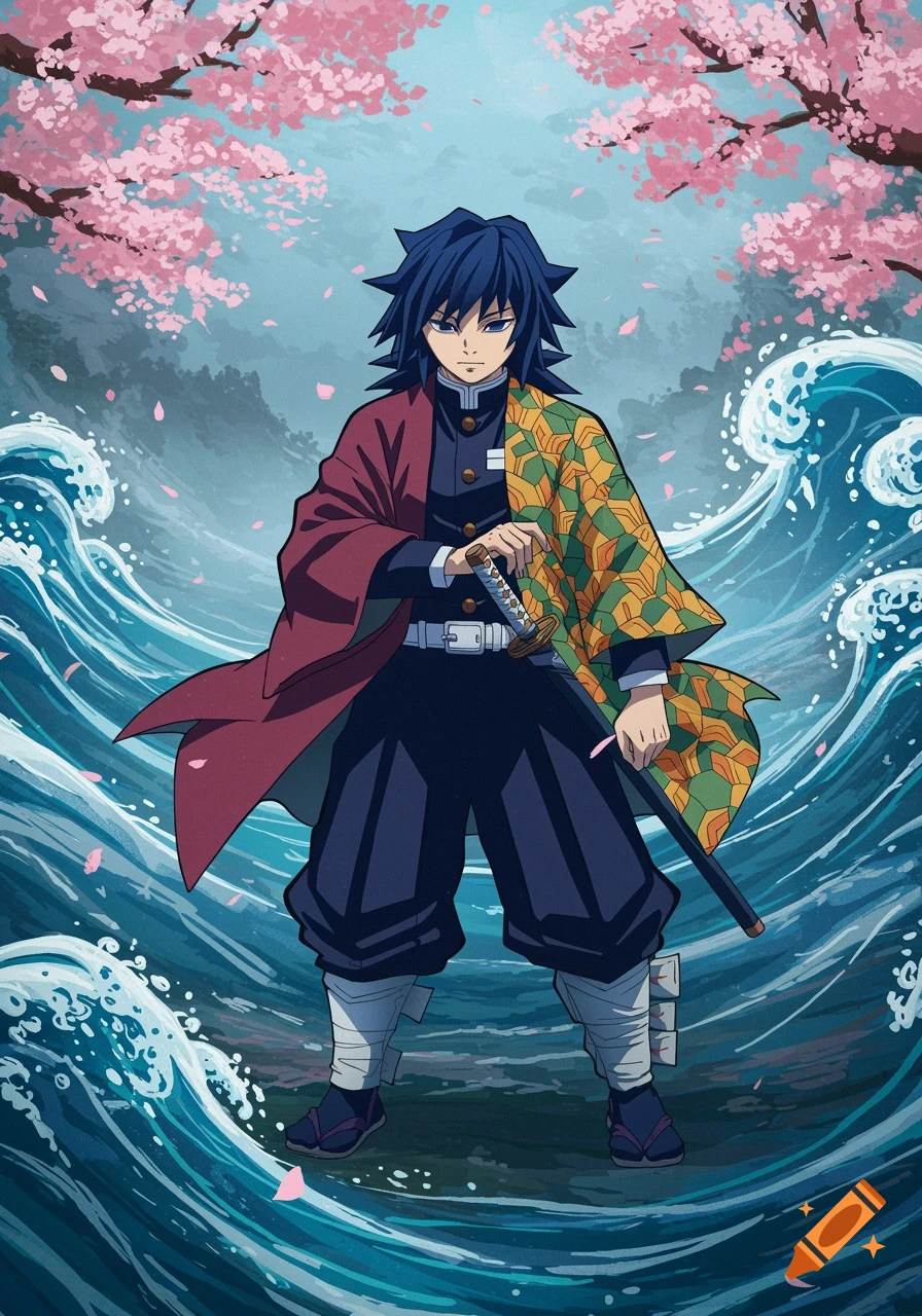 Anime character Giyuu Tomioka with dark blue hair and a split haori, holding a katana amidst large waves and cherry blossoms.