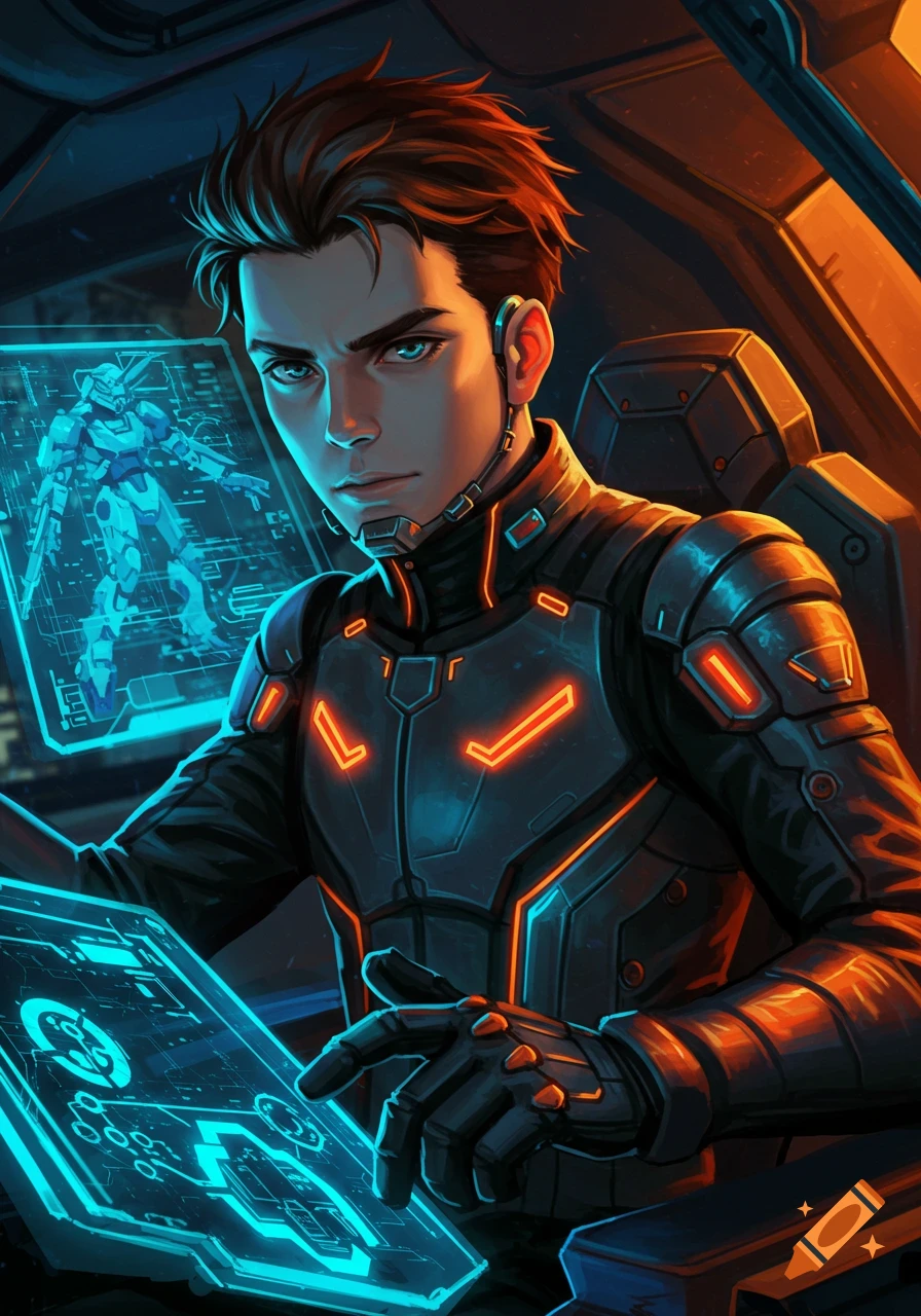 Anime portrait of a male mech pilot in a futuristic cockpit, looking at glowing blue holographic screens.