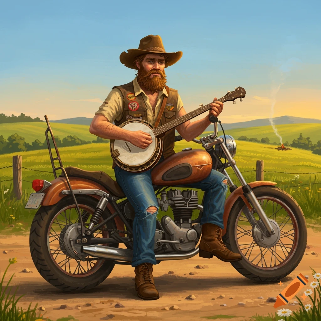 A bearded man in a cowboy hat and vest sits on a motorcycle in a field, playing a banjo. A campfire smokes in the background.
