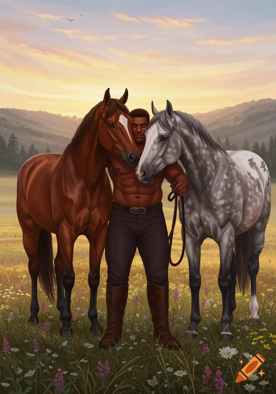 Illustrated man with bare chest hugs a brown and a grey horse in a wildflower field at sunset.