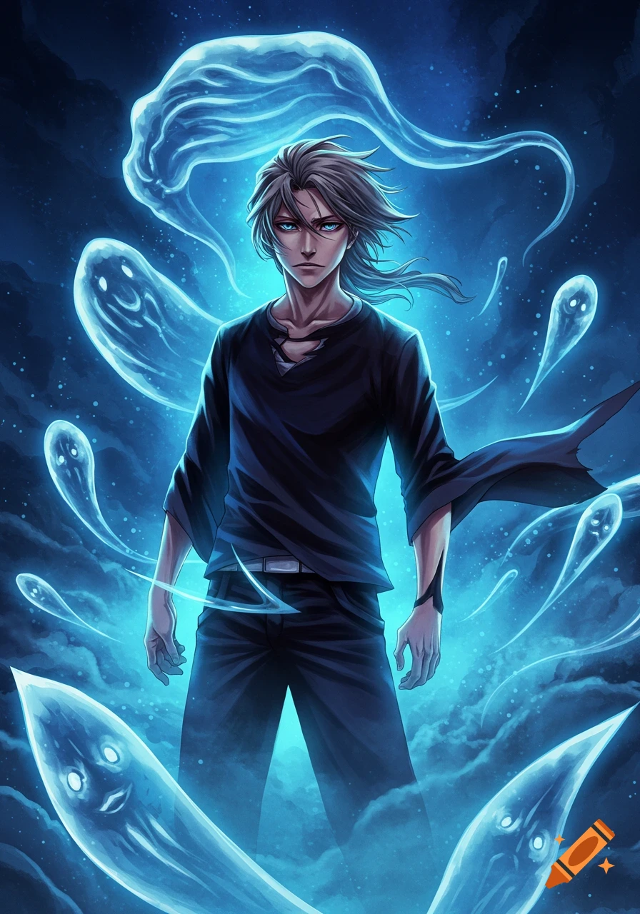 Anime-style illustration of a young man with light hair and blue eyes, standing amidst glowing blue energy and translucent ghost figures.