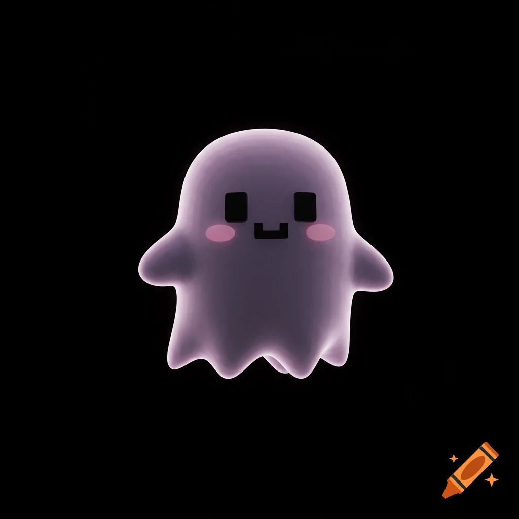 A cute, purple 3D rendered ghost with pixelated square eyes and a square mouth, on a black background.