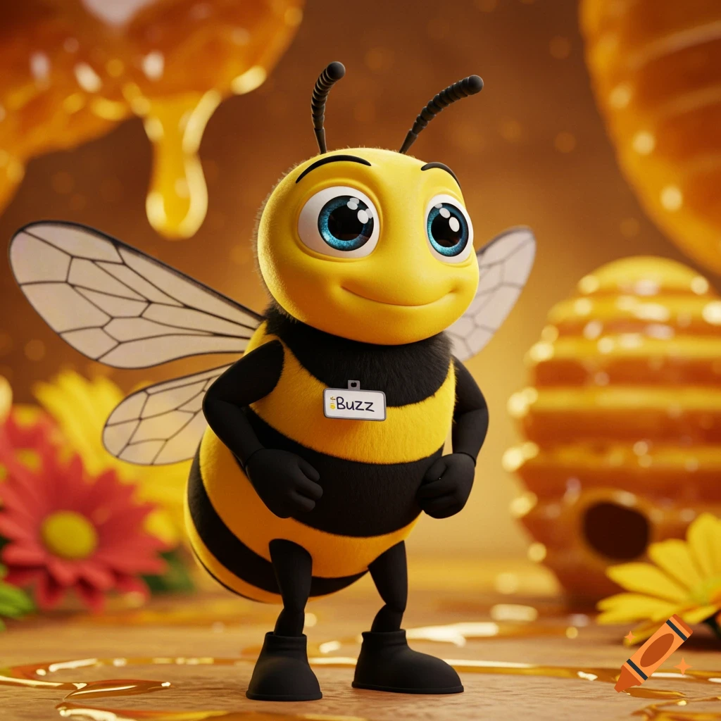 A cute anthropomorphic cartoon bee mascot with large blue eyes and a name tag that says 'Buzz' stands on a surface with dripping honey and flowers in the background.