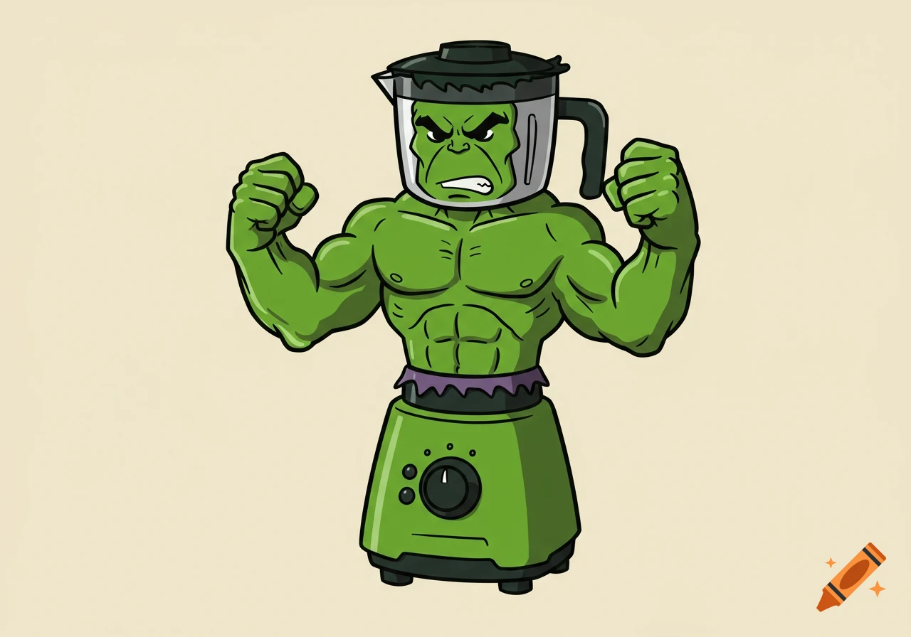 A cartoon green muscular character with a blender jar for a head and a blender base for legs, flexing its arms.