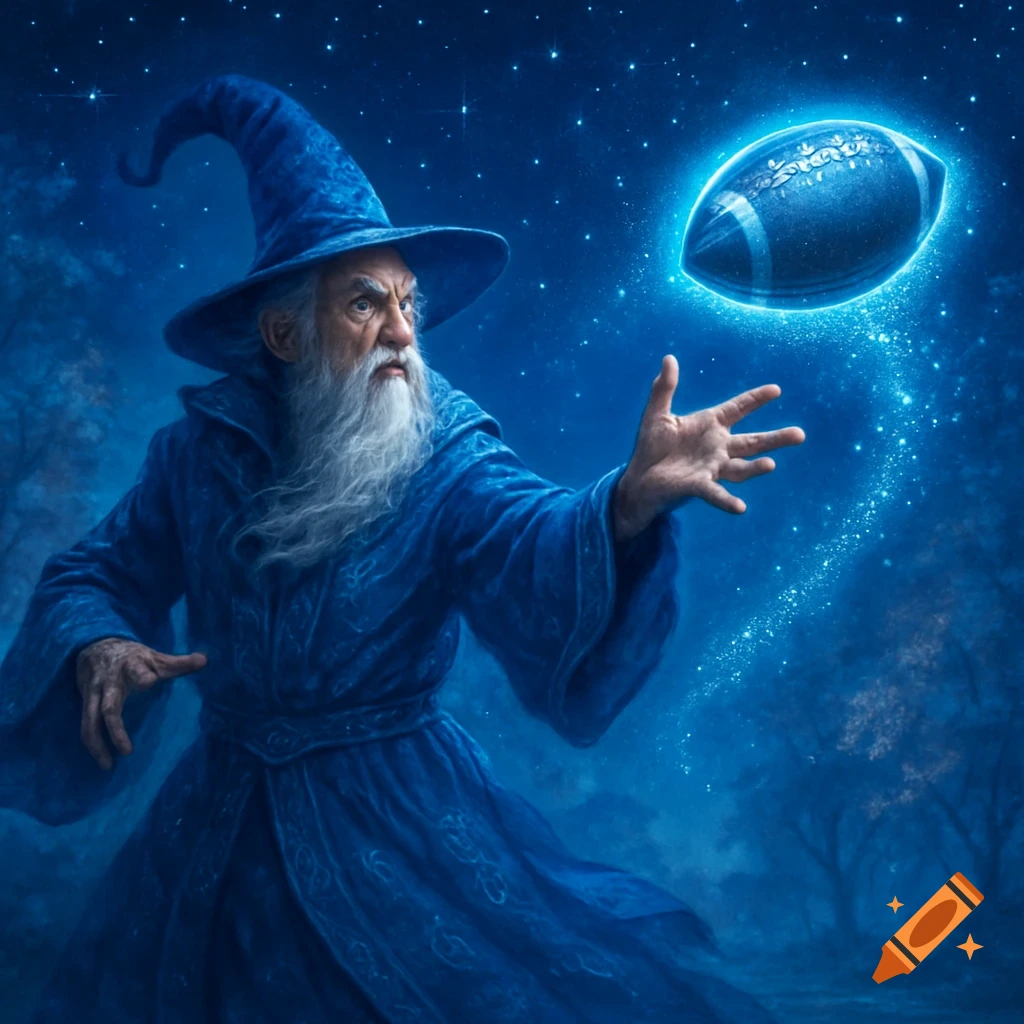 A wizard in a blue robe and pointed hat with a long white beard uses magic to levitate a glowing football in a starry night sky, digital art.