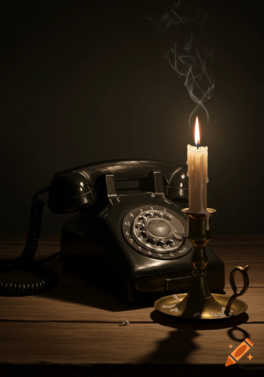 A dark still life painting featuring a vintage black rotary telephone and a lit candle on a wooden table.