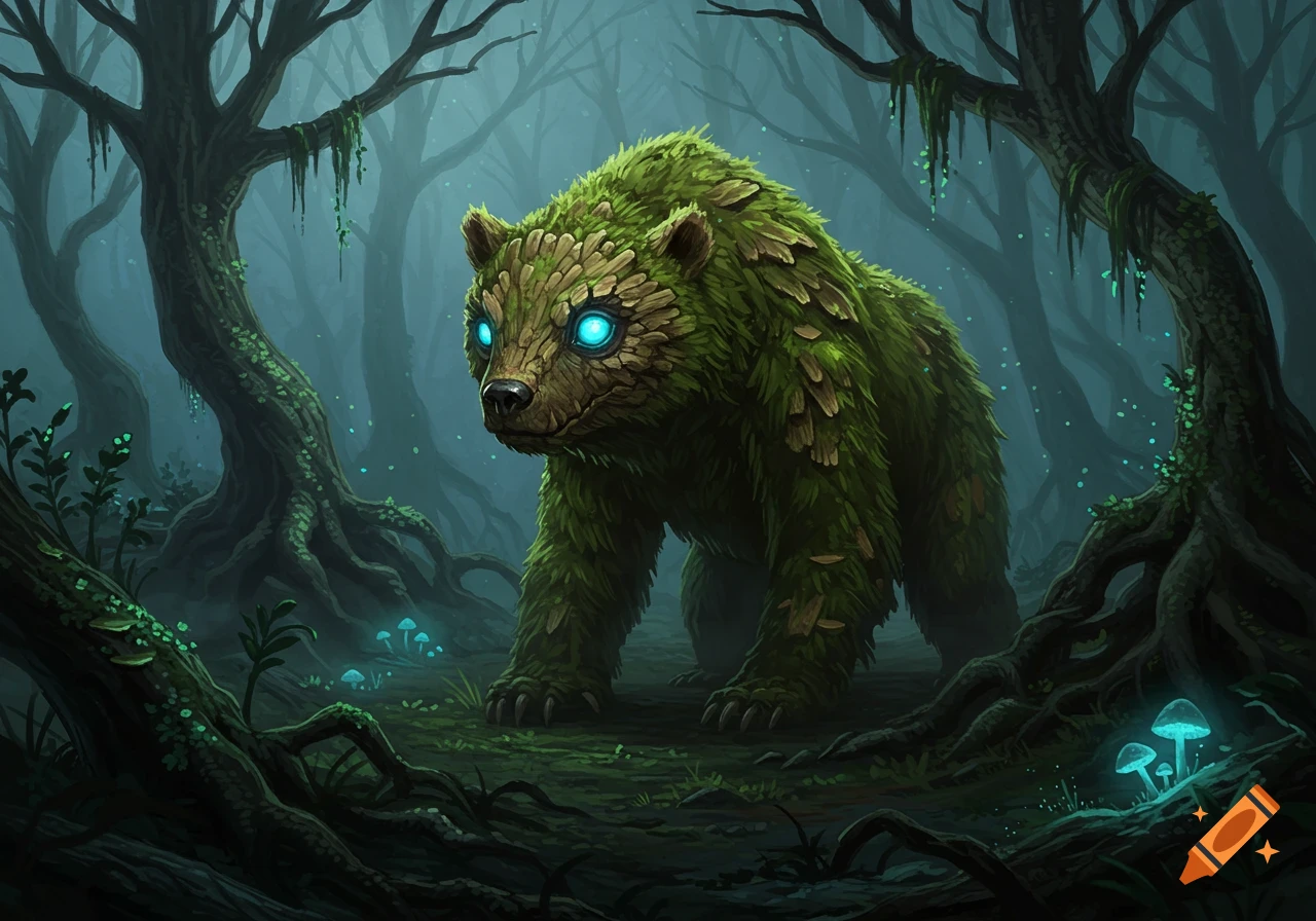 A mystical bear-like creature covered in green moss with glowing blue eyes stands in a dark, root-filled forest with luminous mushrooms.