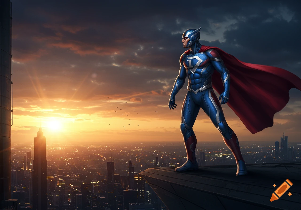 A superhero in a blue and red suit with a D emblem stands atop a skyscraper, overlooking a city at sunset.