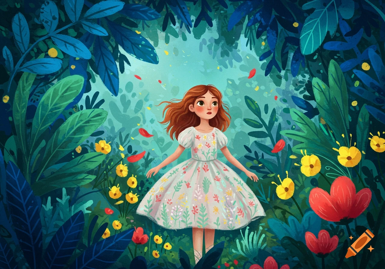 A young girl with red hair in a floral dress stands in a vibrant forest surrounded by large leaves and colorful flowers, digital illustration.