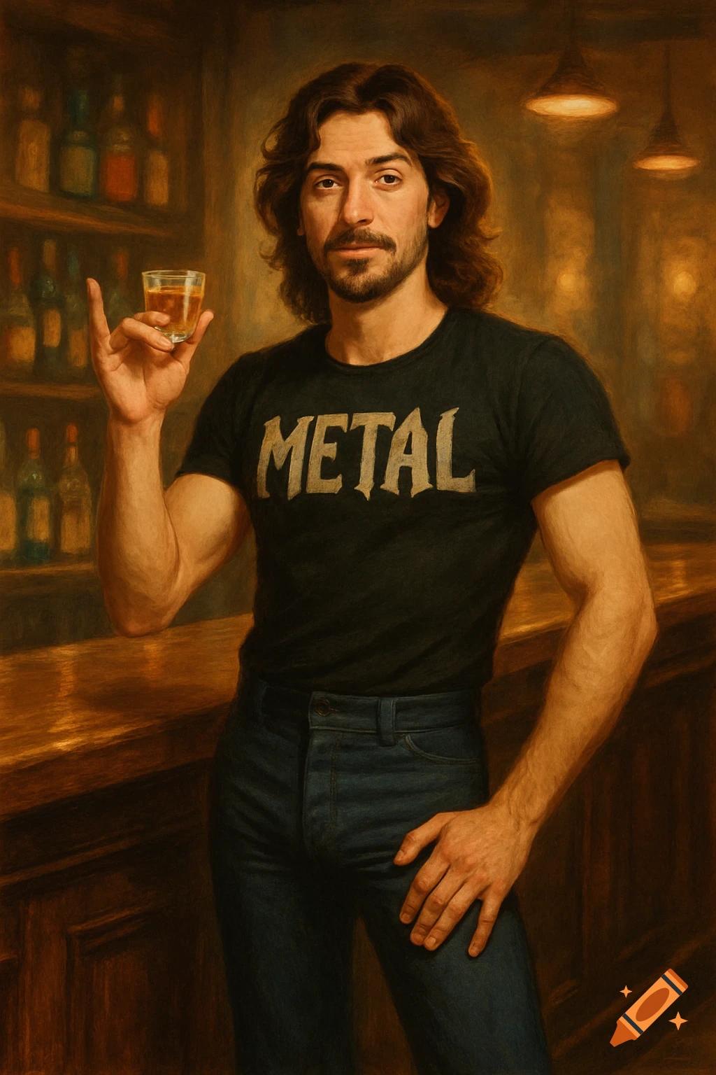A photorealistic painting of a man with long hair and a beard, wearing a "METAL" t-shirt, holding a shot glass in a bar.