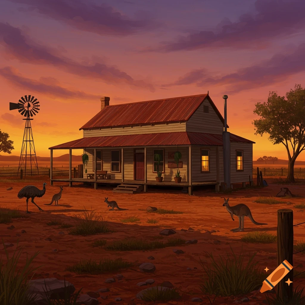 An illustrated scene of an Australian outback home with a windmill at sunset, surrounded by kangaroos and an emu.