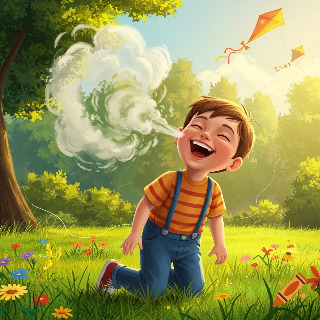 A laughing cartoon boy in a sunny green field with flowers and trees, with a cloud of gas coming from his ear. Kites fly in the sky.