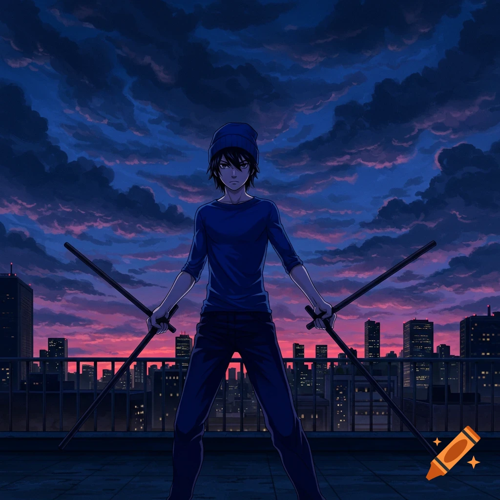 An anime teenager stands on a rooftop, holding two black sticks against a vibrant pink and blue sunset sky over a city.