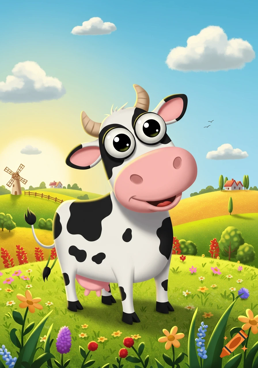 A cheerful cartoon cow with large eyes stands in a vibrant flowery green field with a windmill and houses under a sunny sky.