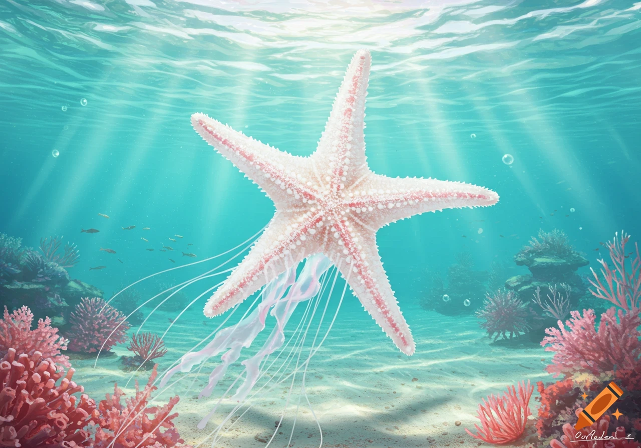 An illustrated underwater scene with a white and pink starfish, coral, small fish, and sun rays filtering through the water.