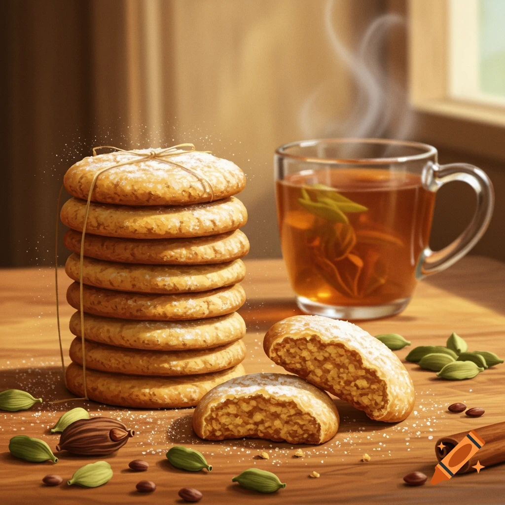 A stack of cardamom cookies tied with twine and two broken cookies next to a cup of steaming tea and spices on a wooden table.