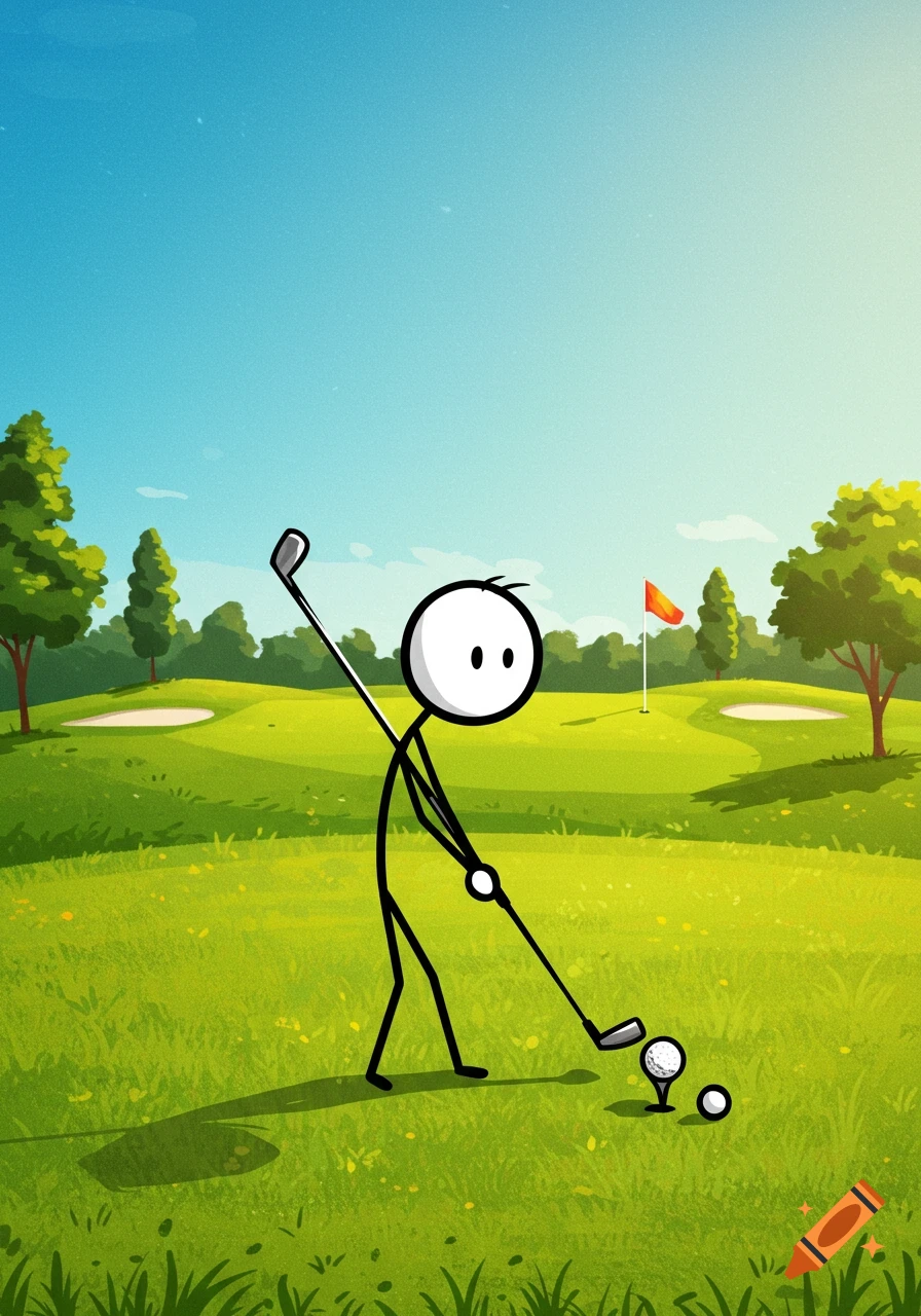 A cartoon stick man golfer on a green golf course, standing over a golf ball and tee, ready to swing.