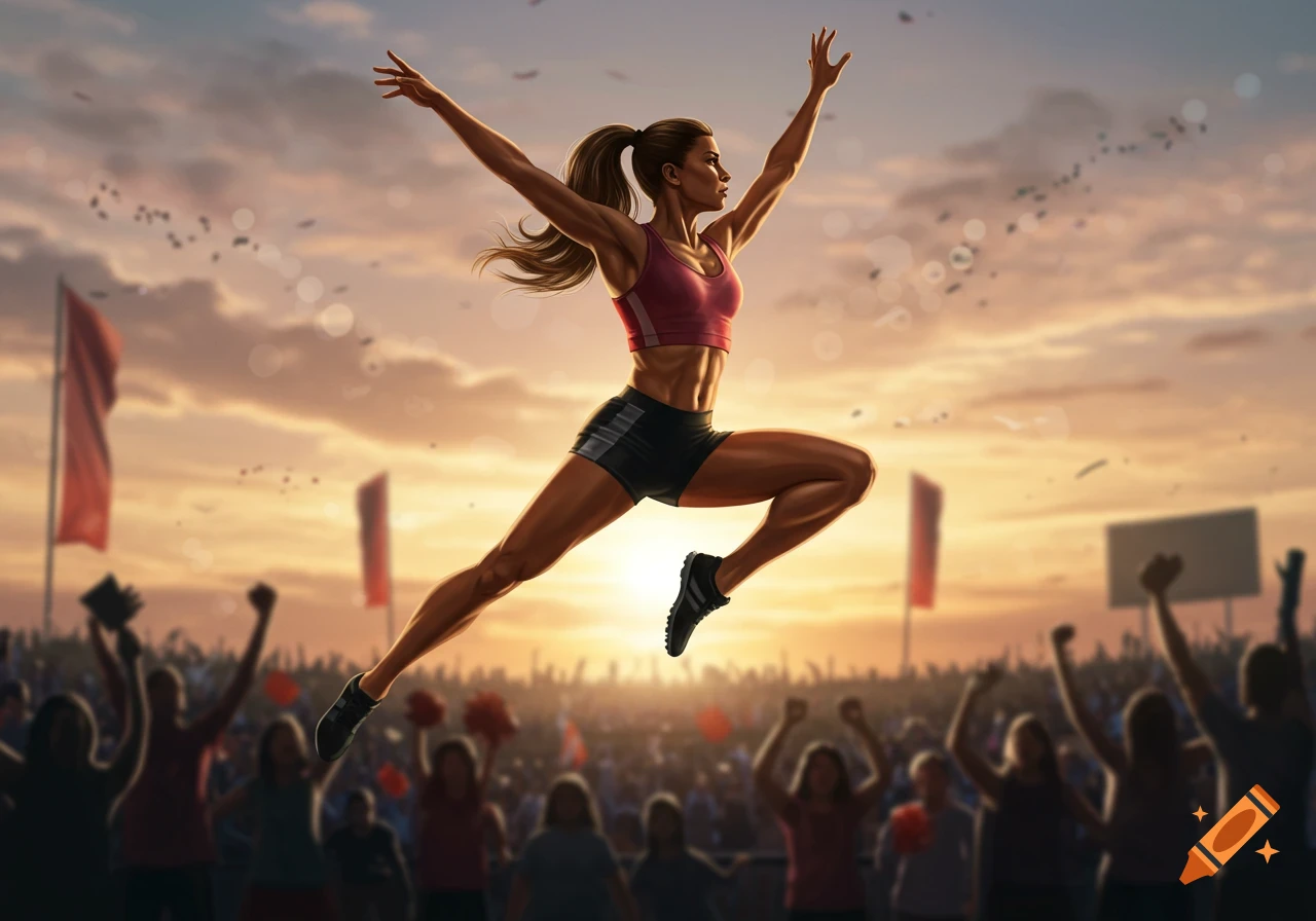 A female athlete jumps triumphantly in a stadium, silhouetted against a golden sunset with a cheering crowd below.