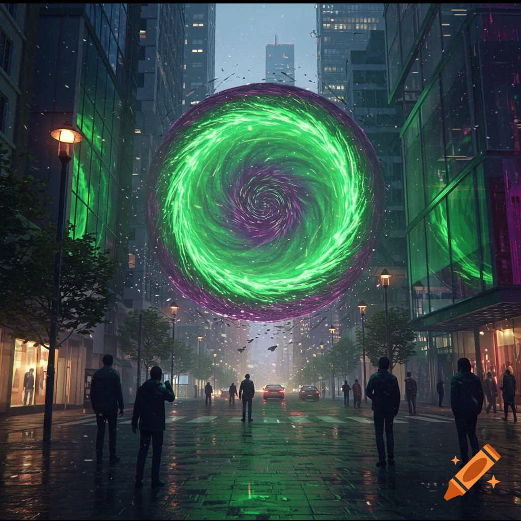 A vibrant green and purple swirling portal floats above a wet city street at dusk, surrounded by tall buildings and people.