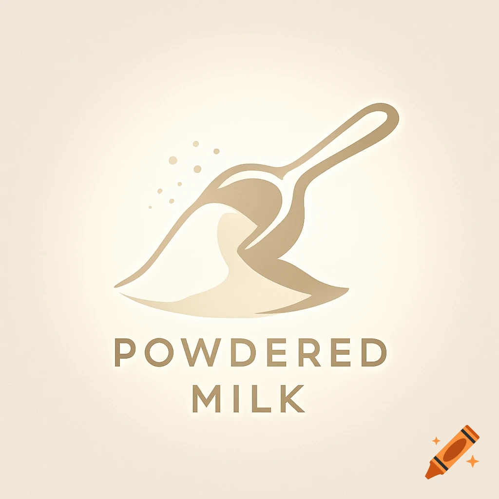 A beige logo featuring a scoop with powdered milk spilling out, with the text 'POWDERED MILK' below.