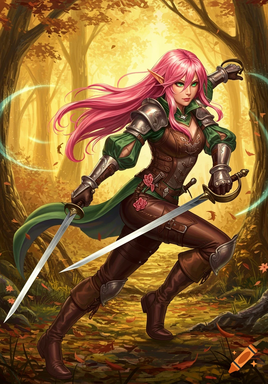 Full-body anime fantasy illustration of a pink-haired elf in armor, wielding two rapiers in a forest.