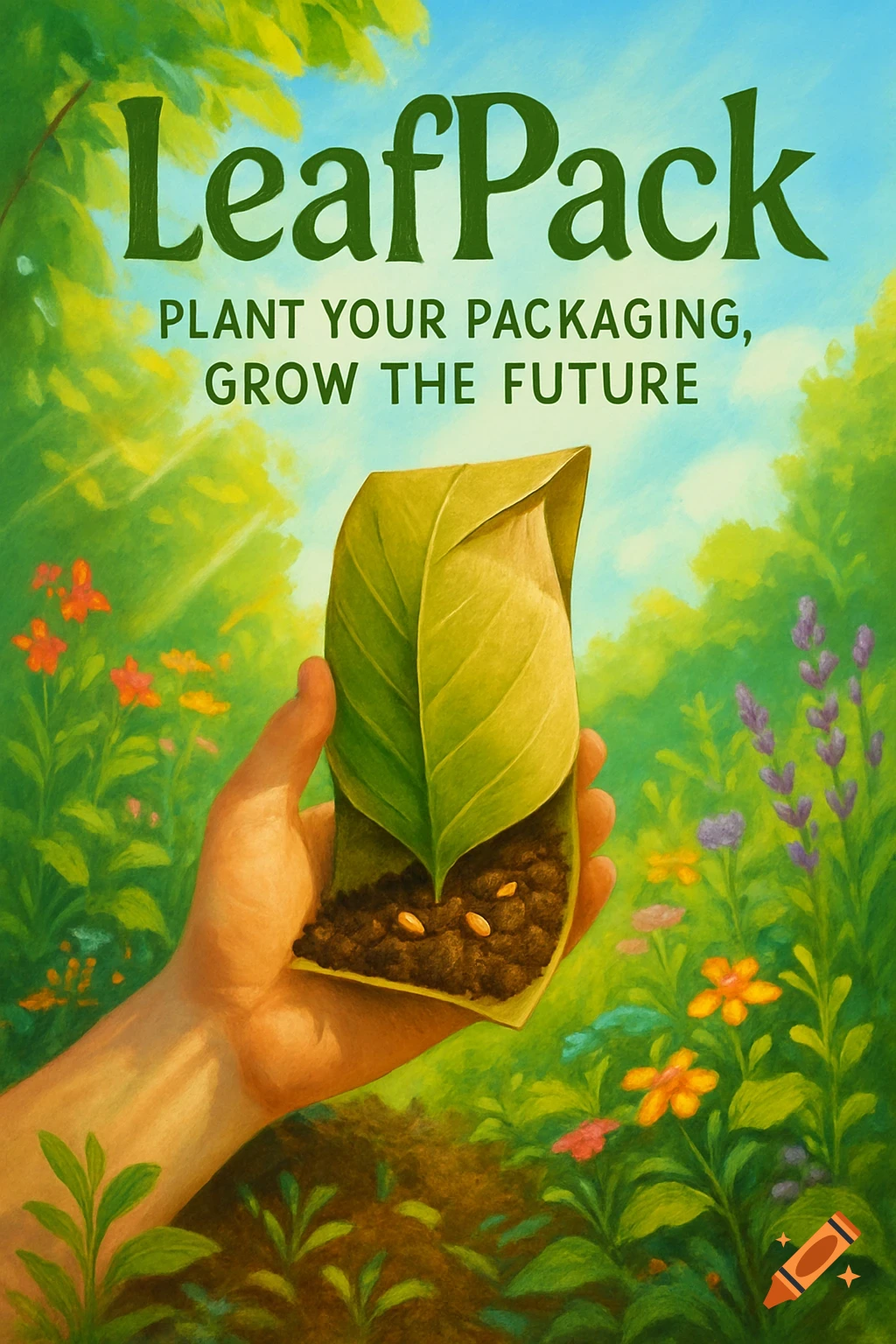 An illustrative ad showing a hand holding a green leaf package filled with soil and seeds in a vibrant garden. Text: 'LeafPack ", Grow the Future'.