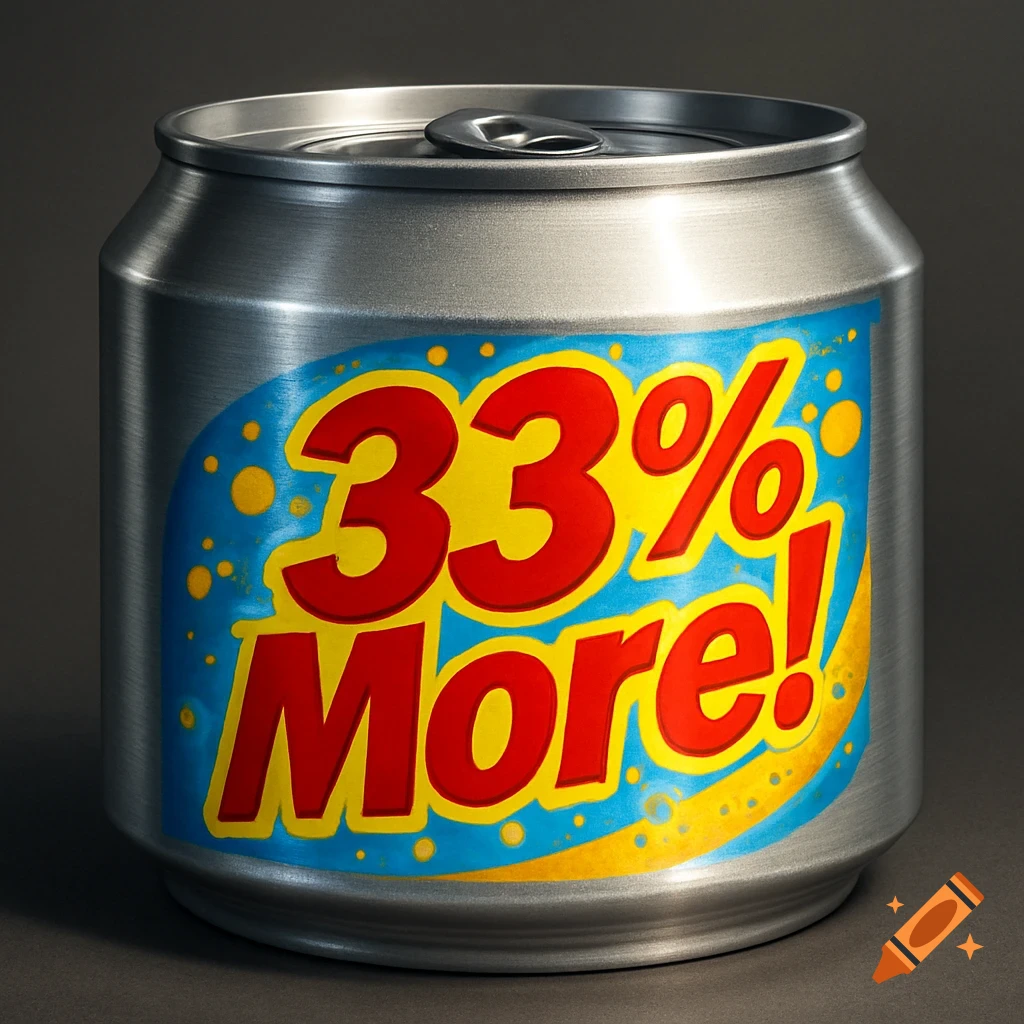 A photorealistic image of a silver soda can with a blue and yellow label featuring the red text '33% More!'.