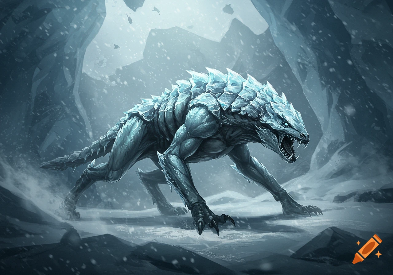 A fearsome ice creature with glowing blue eyes and sharp teeth stands in a snowy, icy cavern.