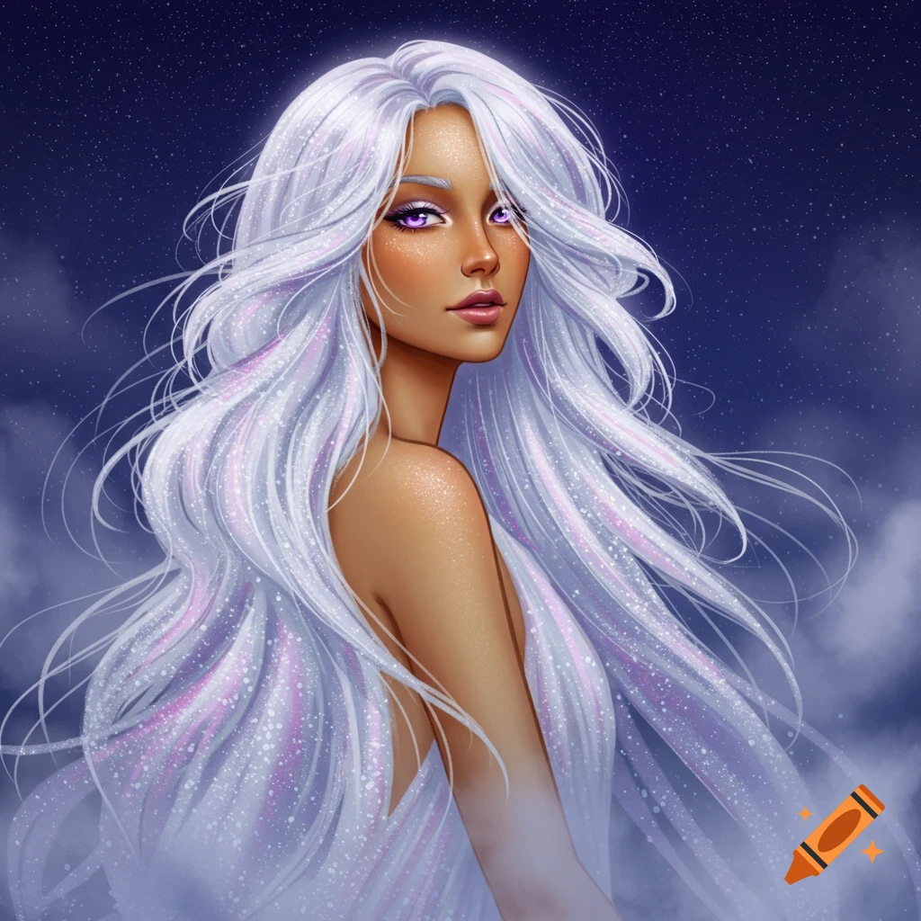 A fantastical portrait of a woman with long, flowing white hair, brown skin, and purple eyes, against a starry night sky.