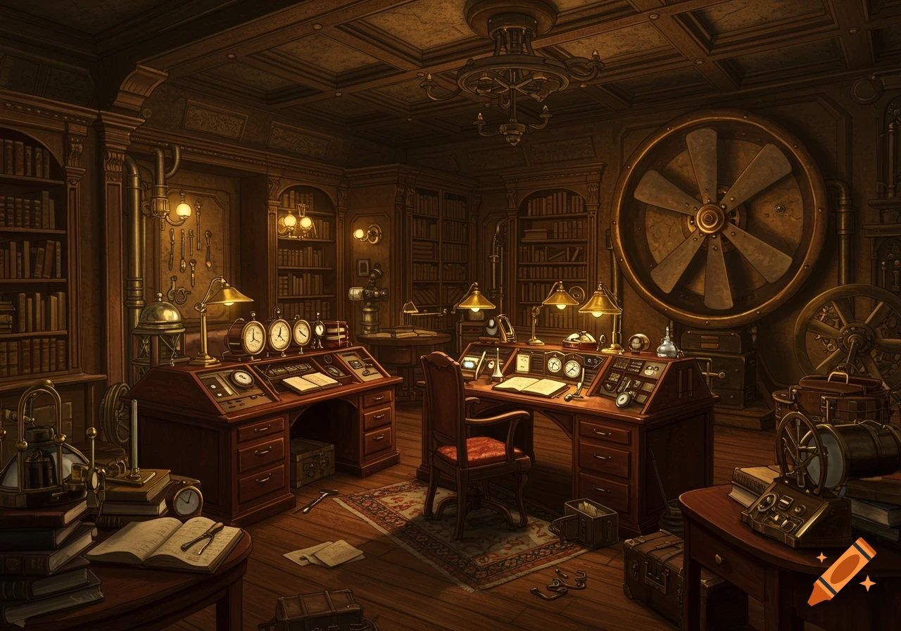 A detailed steampunk-style study with a large wall fan, wooden desks, clocks, scientific equipment, and bookshelves.