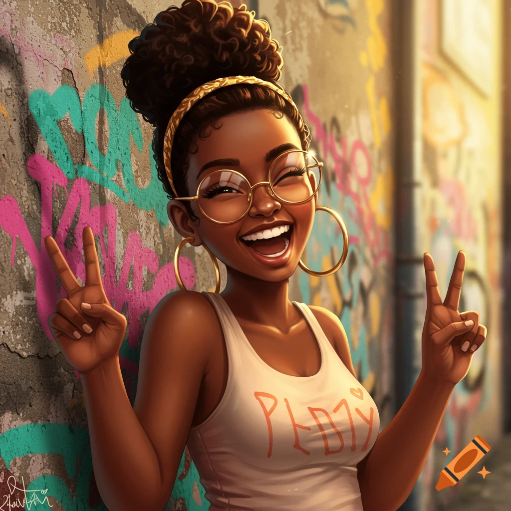 A smiling cartoon black girl with curly bun, glasses, and gold hoops makes peace signs in front of a colorful graffiti wall.