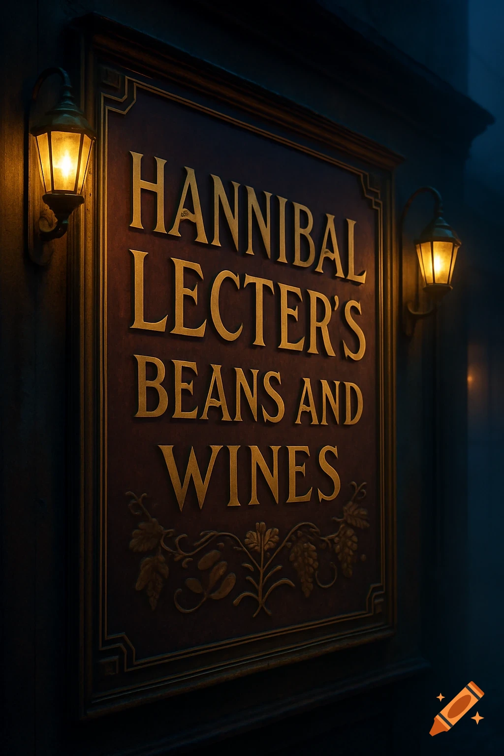 A photorealistic image of a vintage-style store sign at night, lit by two lanterns. The sign reads 'Hannibal Lecter's Beans and Wines'.