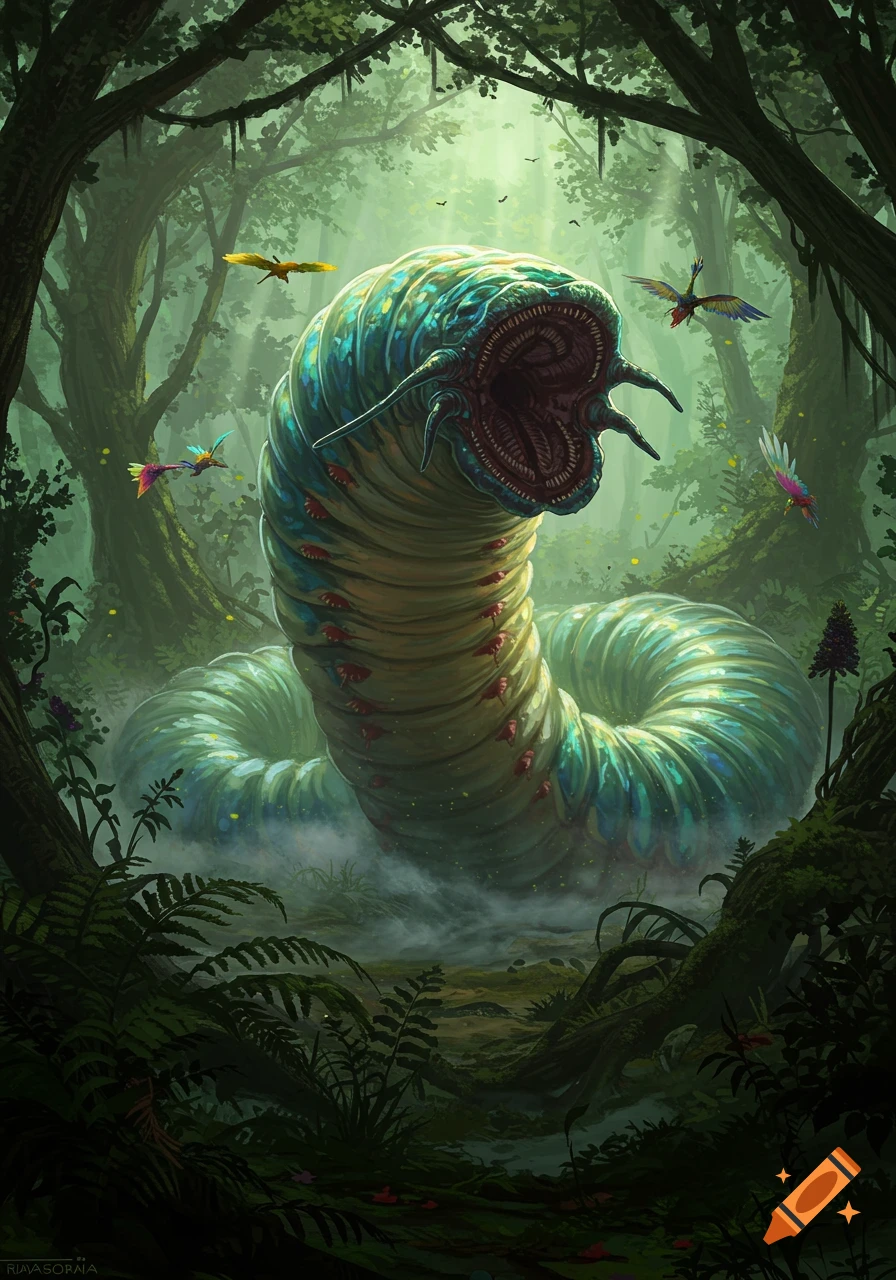 A massive, colorful segmented worm creature with an open mouth in a misty, lush jungle, with small birds flying around.