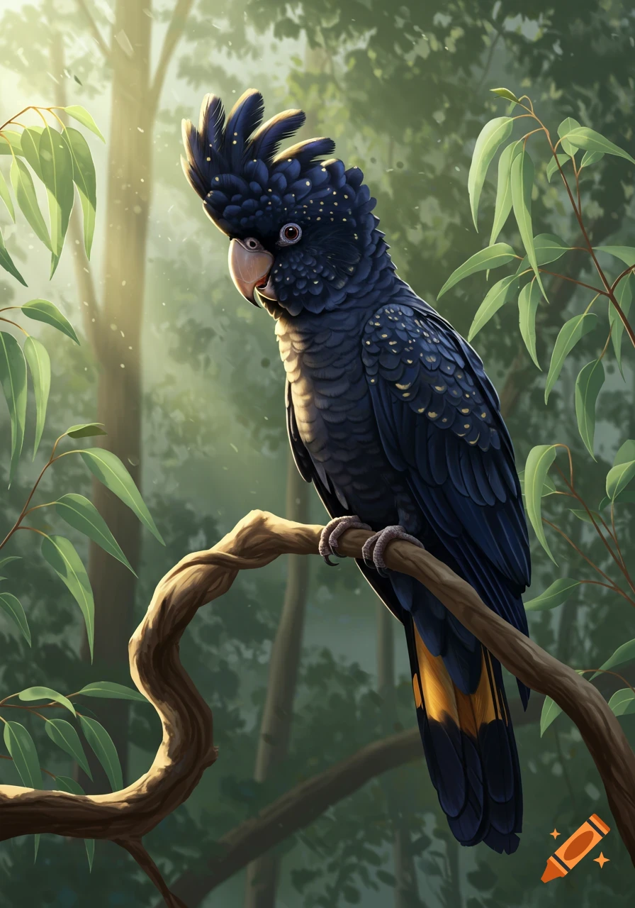 A black cockatoo with a yellow tail patch perches on a gnarled branch in a sunlit forest.