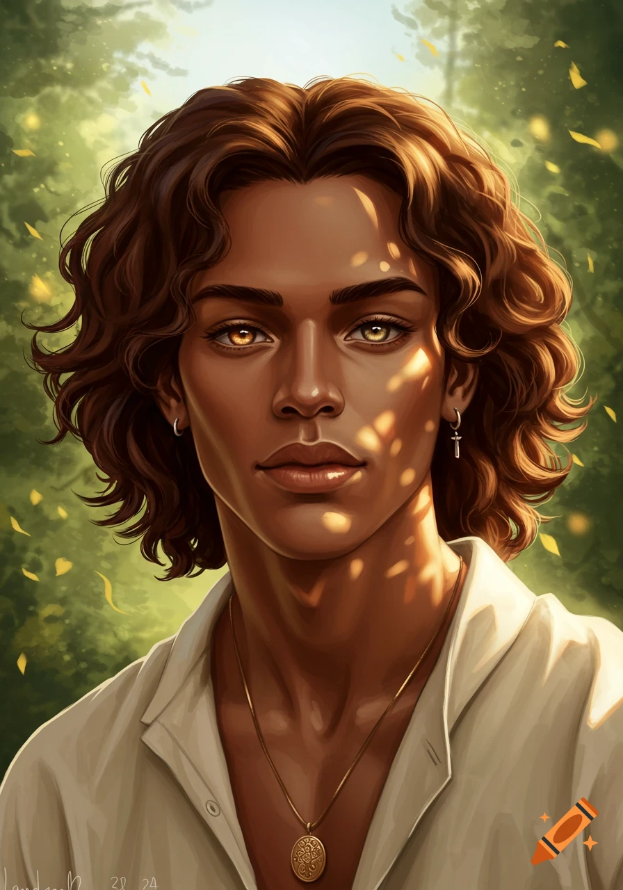 Close-up portrait of a man with dark curly hair and heterochromatic eyes, sun dapples on his face in a lush green background.