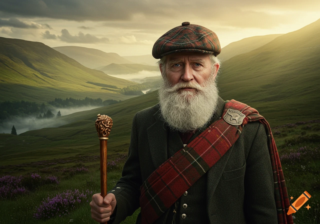 An old man with a long white beard and a plaid stands in a Scottish mountain landscape holding a walking stick.
