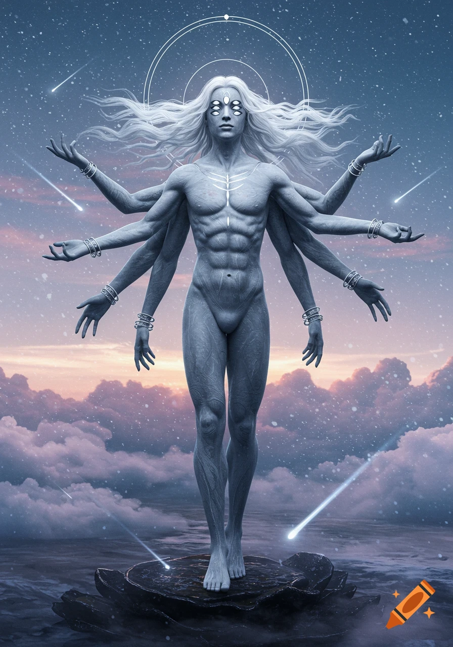 A cosmic male deity with six arms and six eyes, long flowing white hair, stands under a starry sky with meteors.
