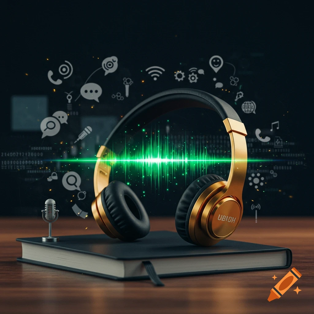 A pair of gold and black headphones with a green sound wave emerging from them, resting on a black book with a small microphone, surrounded by digital icons on a dark background.