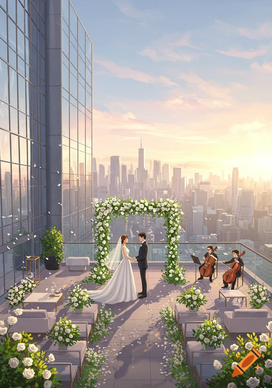 An illustration of a wedding ceremony on a city rooftop at sunset, with a couple standing under a floral arch and musicians playing string instruments.