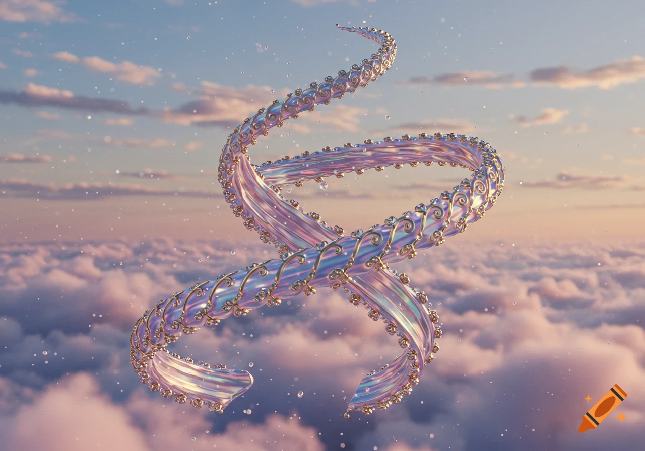 An iridescent spiral adorned with golden scrollwork and sparkling elements floats amidst pink and blue clouds in a serene sky.