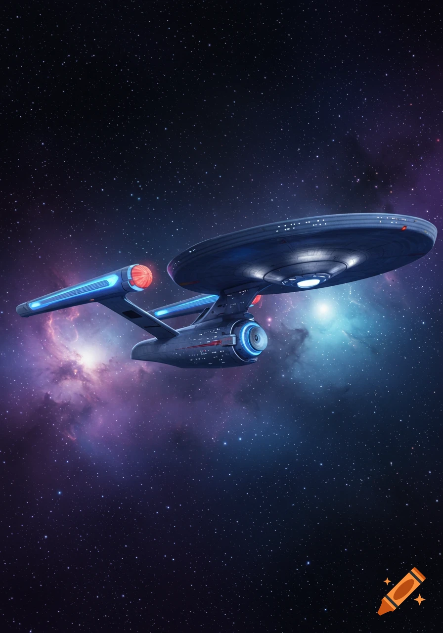A Starfleet starship, resembling the USS Enterprise, flies through a colorful nebula in deep space.