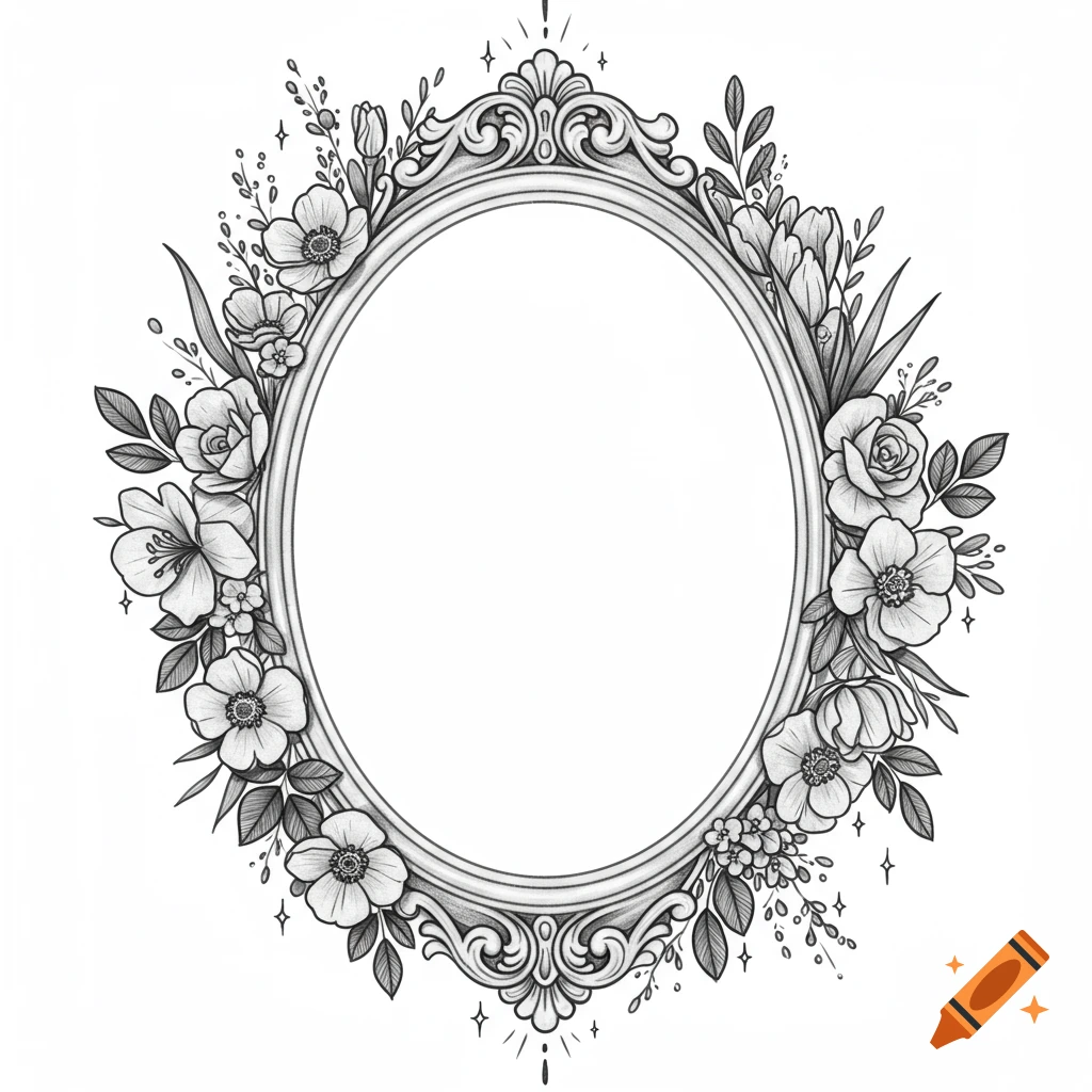 A black and white oval frame with ornate gothic details, surrounded by a lush border of various wildflowers and leaves.