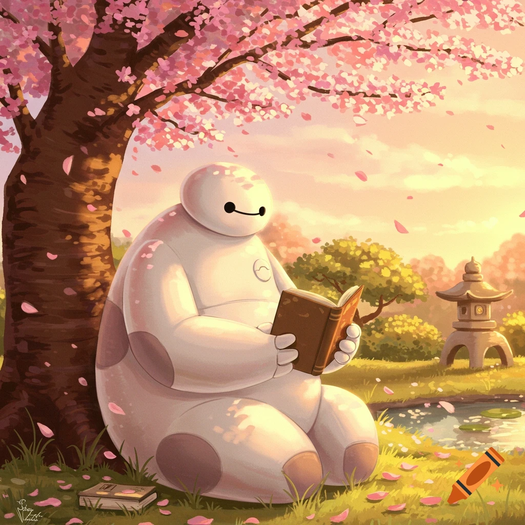 Baymax, a white inflatable robot, sits under a blossoming cherry tree, reading a book in a peaceful garden with a pond and stone lantern.
