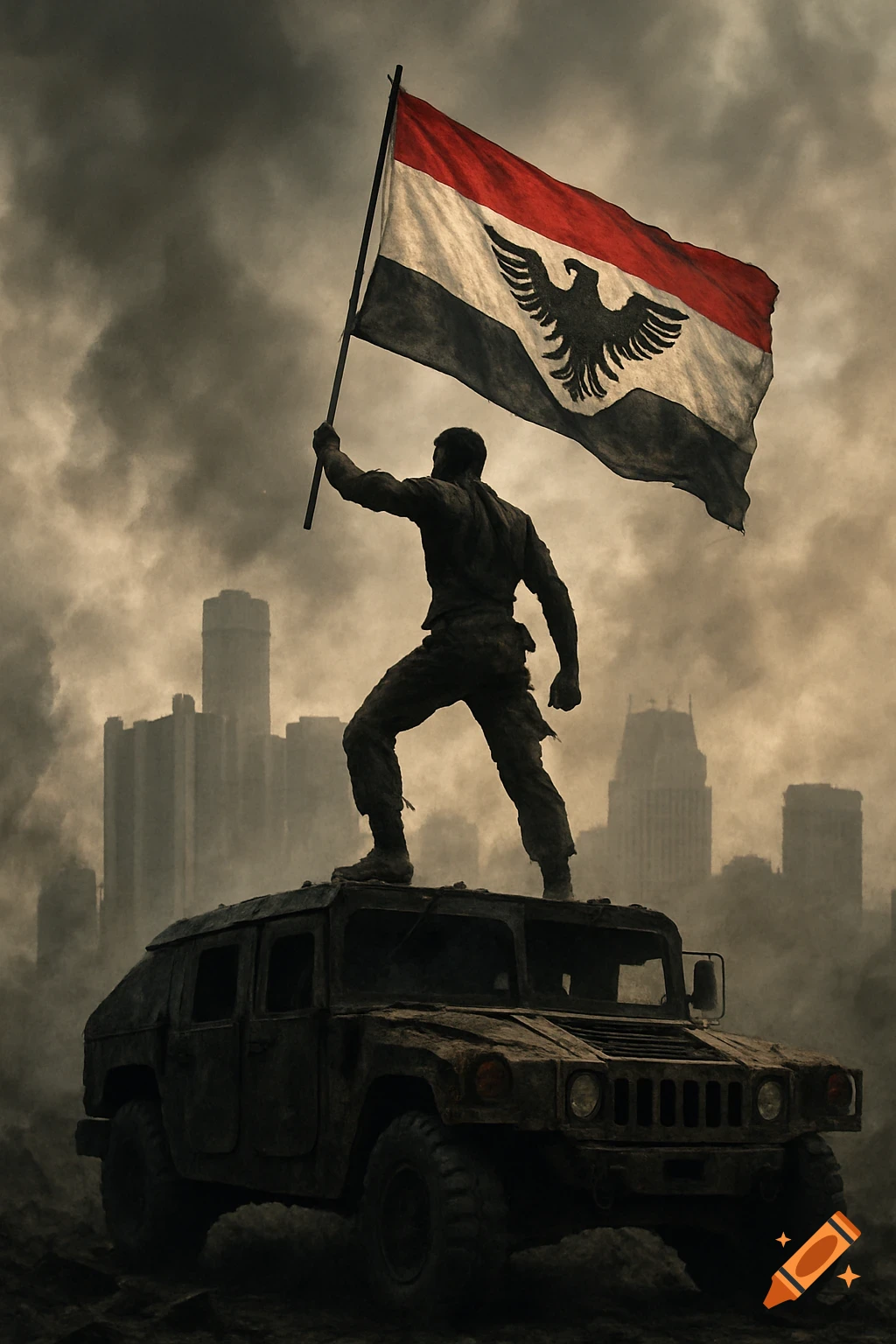 A silhouetted resistance fighter stands atop a burned-out Humvee, waving a red, white, and black flag with a black eagle, against a smoke-filled, ruined city skyline.
