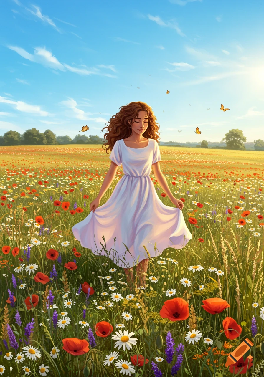 A woman with long curly hair in a white dress stands in a vibrant field of red poppies, white daisies, and purple flowers under a blue sky with butterflies.