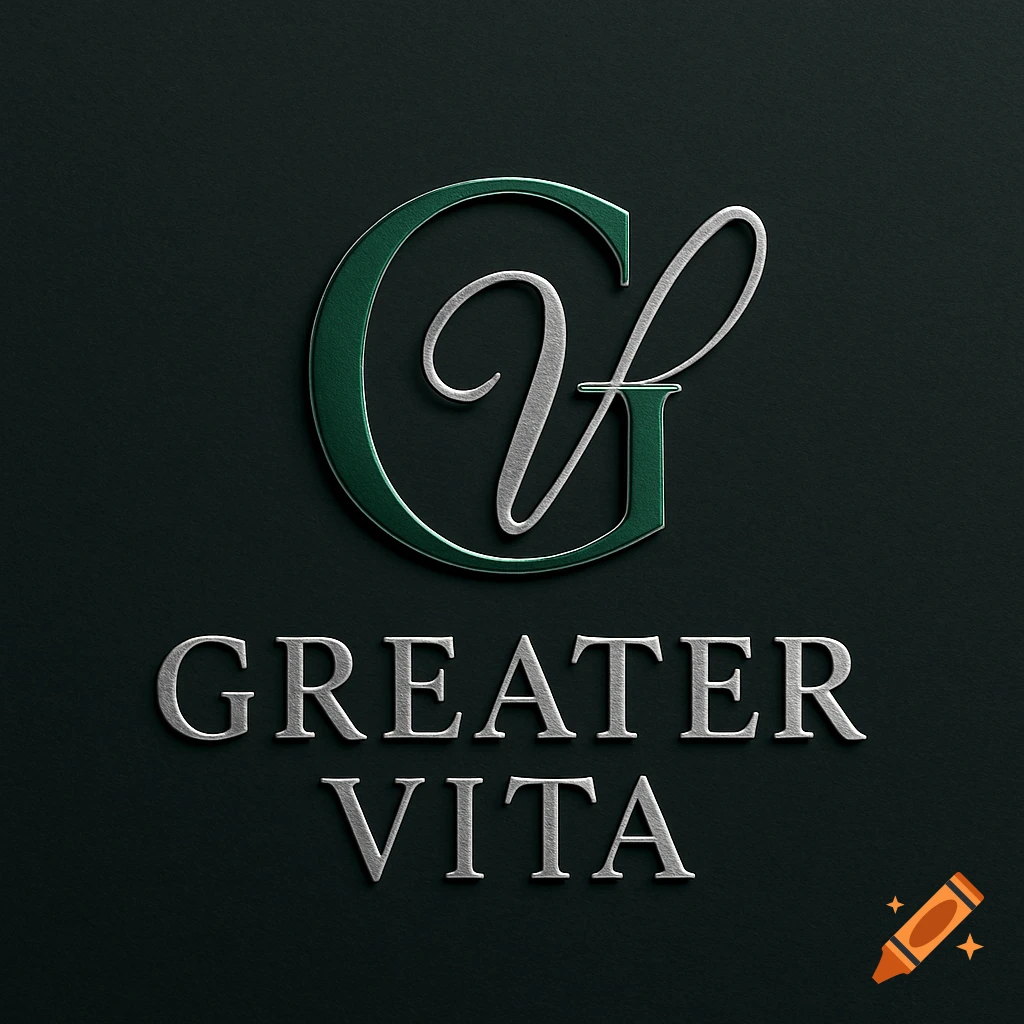 An elegant logo features a green bold 'G' intertwined with a silver script 'V' on a dark background, with the words "GREATER VITA" in silver below.