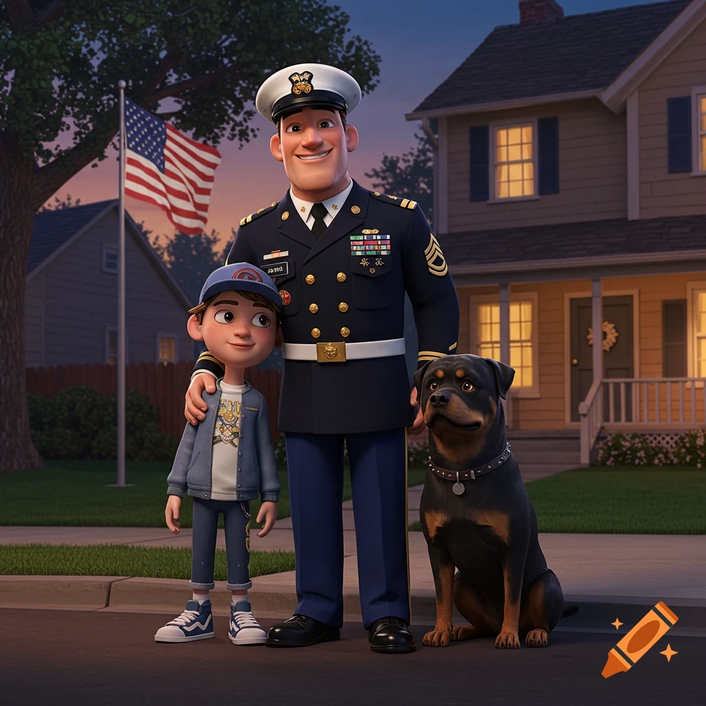 A smiling military father in uniform stands with his son and a Rottweiler dog in front of a house with an American flag, in a Pixar style.