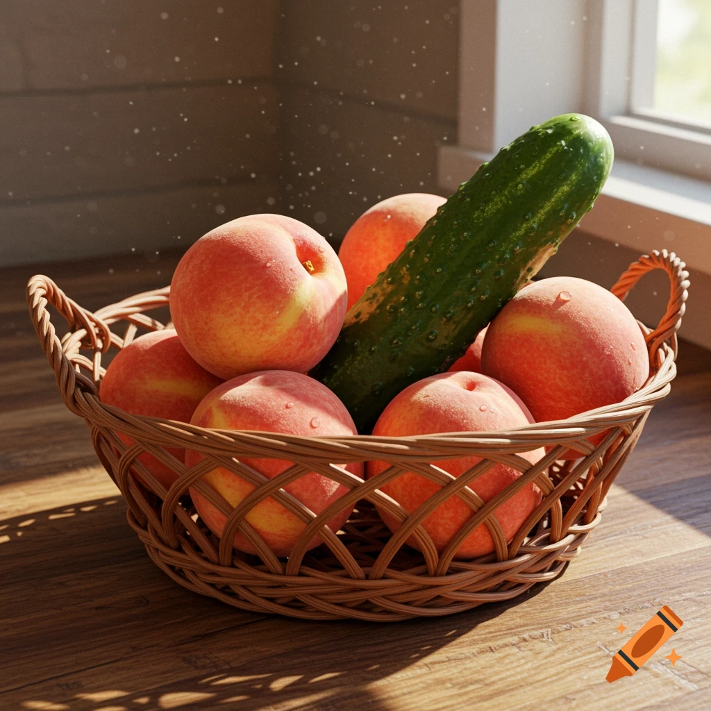 A photorealistic image of a wicker basket filled with ripe peaches and a green cucumber on a wooden table, lit by sunlight.