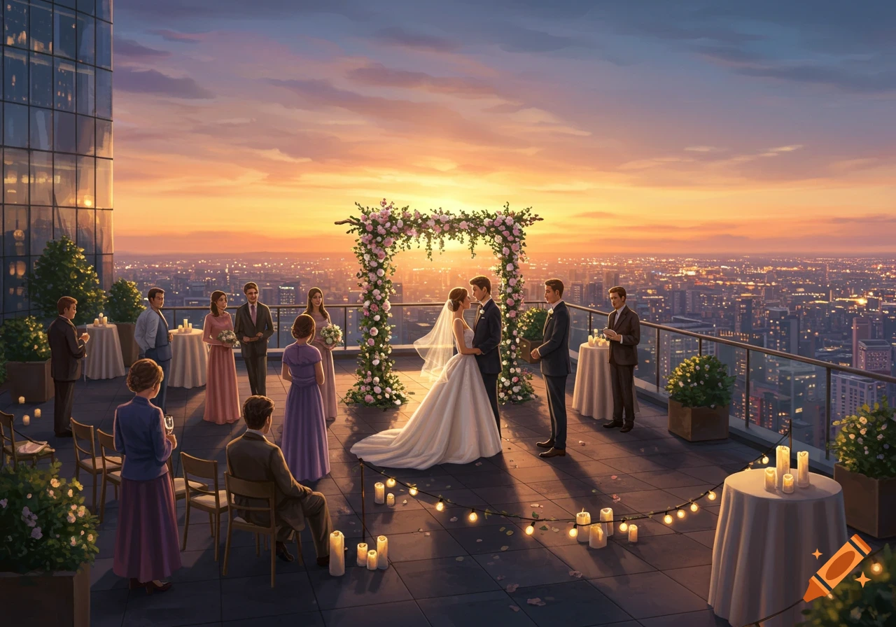 A romantic rooftop wedding ceremony at sunset, with a couple exchanging vows under a floral arch overlooking a city.